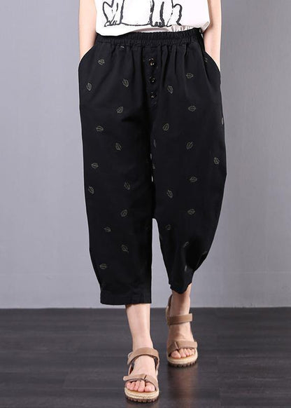 summer new black vintage leaf embroidery seven points elastic waist casual pants - SooLinen