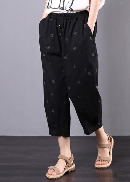 summer new black vintage leaf embroidery seven points elastic waist casual pants - SooLinen