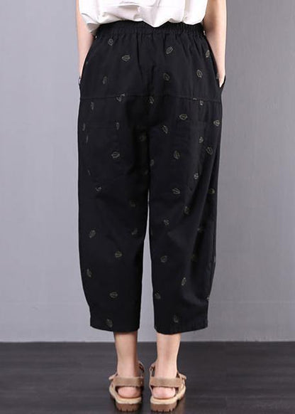 summer new black vintage leaf embroidery seven points elastic waist casual pants - SooLinen