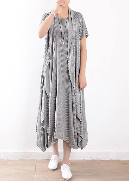 summer new gray original design striped dress long dresses and vest outside wearing casual suit - SooLinen