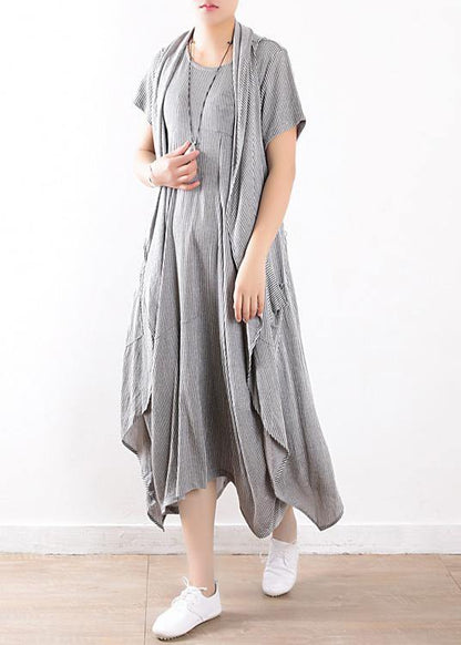 summer new gray original design striped dress long dresses and vest outside wearing casual suit - SooLinen
