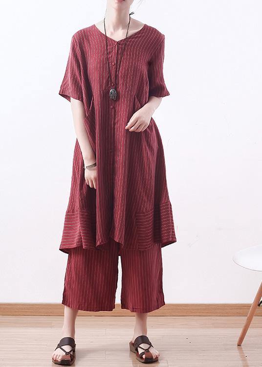 summer new silk plus size two pieces striped tops and women elastic waist wide leg pants - SooLinen