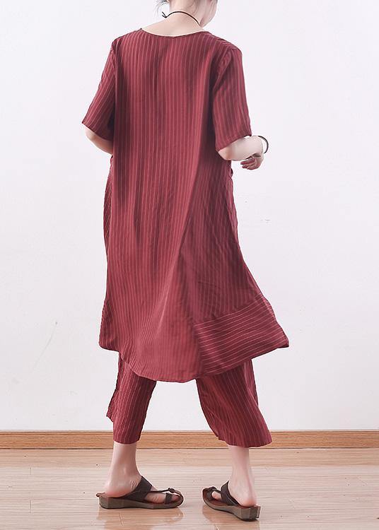 summer new silk plus size two pieces striped tops and women elastic waist wide leg pants - SooLinen