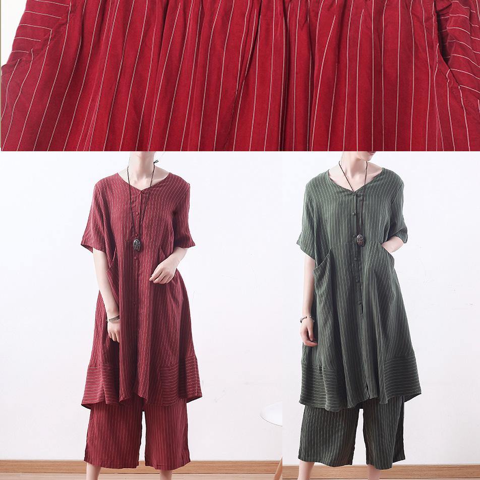 summer new silk plus size two pieces striped tops and women elastic waist wide leg pants - SooLinen