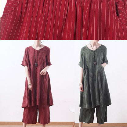 summer new silk plus size two pieces striped tops and women elastic waist wide leg pants - SooLinen