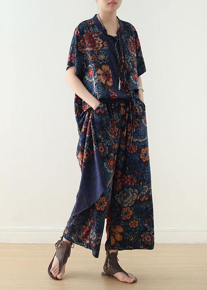 summer silk blended two pieces v neck short sleeve cardigan with elastic waist wide leg pants - SooLinen