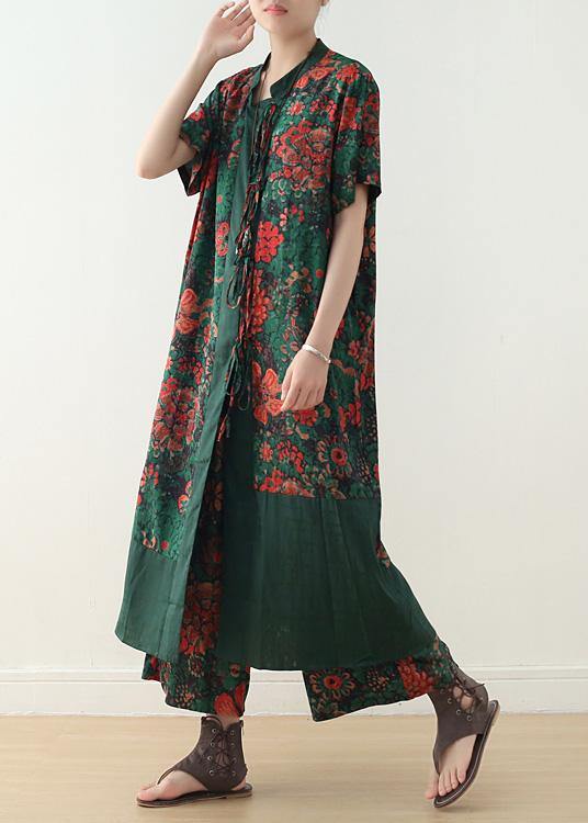 summer silk blended two pieces v neck short sleeve cardigan with elastic waist wide leg pants - SooLinen