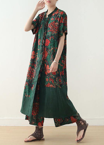 summer silk blended two pieces v neck short sleeve cardigan with elastic waist wide leg pants - SooLinen