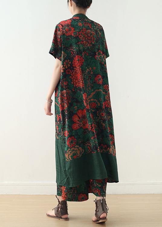 summer silk blended two pieces v neck short sleeve cardigan with elastic waist wide leg pants - SooLinen