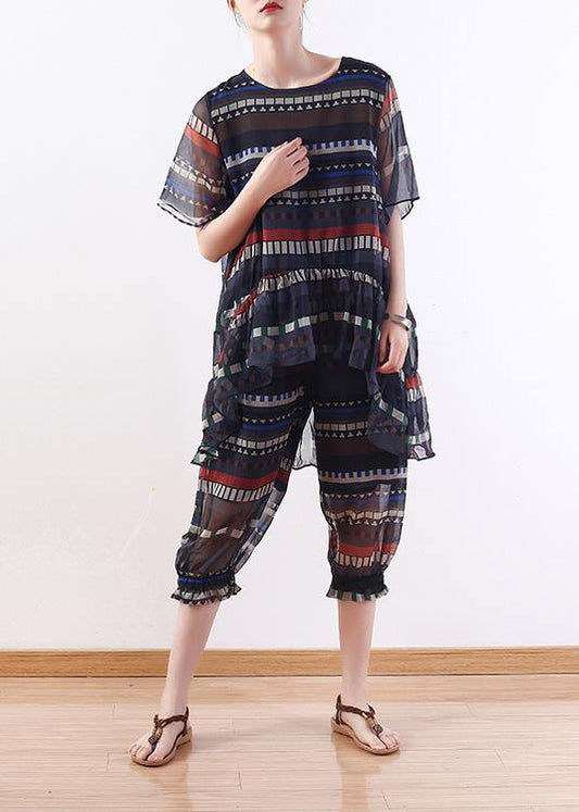 summer vintage chiffon  tops and women crop pants two pieces - SooLinen