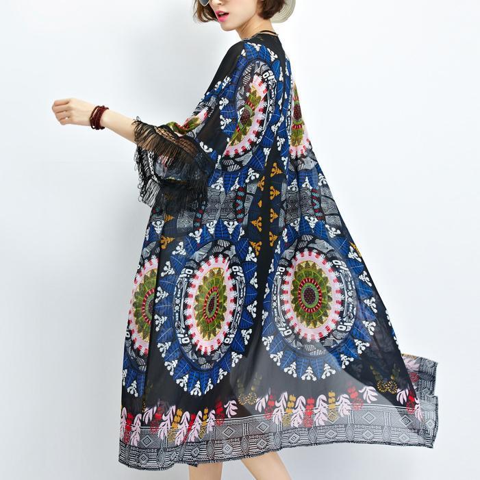 Sommerkleid neue schwarze Drucke Chiffon Strickjacken plus Größe Quaste halbe Ärmel Sommer Oberbekleidung