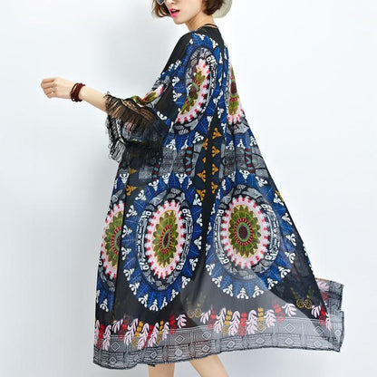 Sommerkleid neue schwarze Drucke Chiffon Strickjacken plus Größe Quaste halbe Ärmel Sommer Oberbekleidung