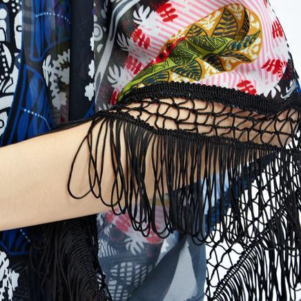 Sommerkleid neue schwarze Drucke Chiffon Strickjacken plus Größe Quaste halbe Ärmel Sommer Oberbekleidung