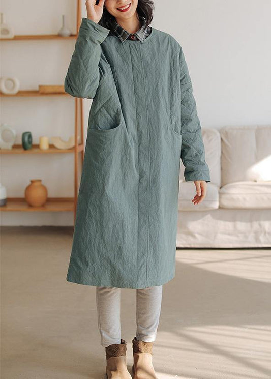 thick Loose fitting warm coat gray green o neck thick womens coats - SooLinen