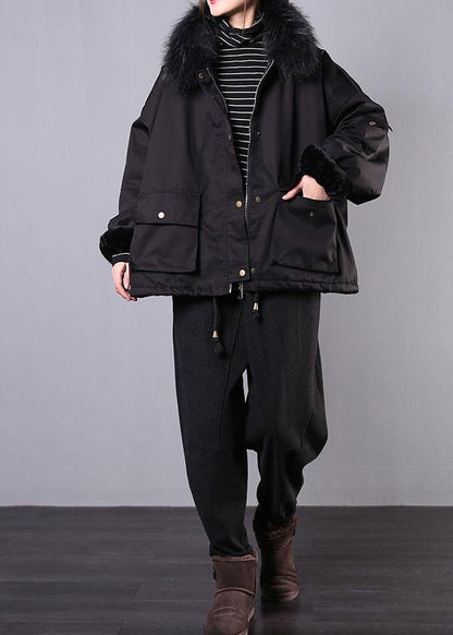 thick black casual outfit oversize Jackets & Coats pockets faux fur collar overcoat - SooLinen
