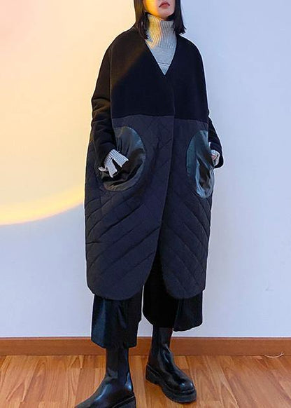 thick black overcoat clothing down jacket v neck patchwork winter coats - SooLinen