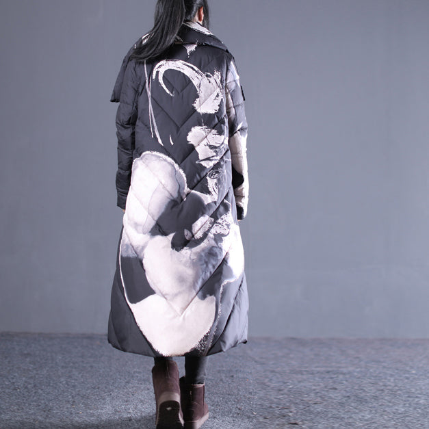 dicke schwarze Daunenjacke mit Stehkragen in Übergröße Pufferjacken mit Taschen und Reißverschluss lange Daunenmäntel