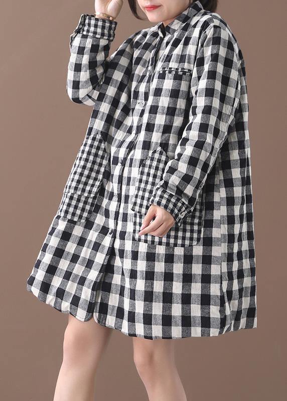 thick black white plaid winter coats plus size warm stand collar pockets overcoat - SooLinen
