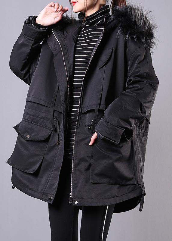 thick black winter parkas oversize down jacket hooded fur collar overcoat - SooLinen