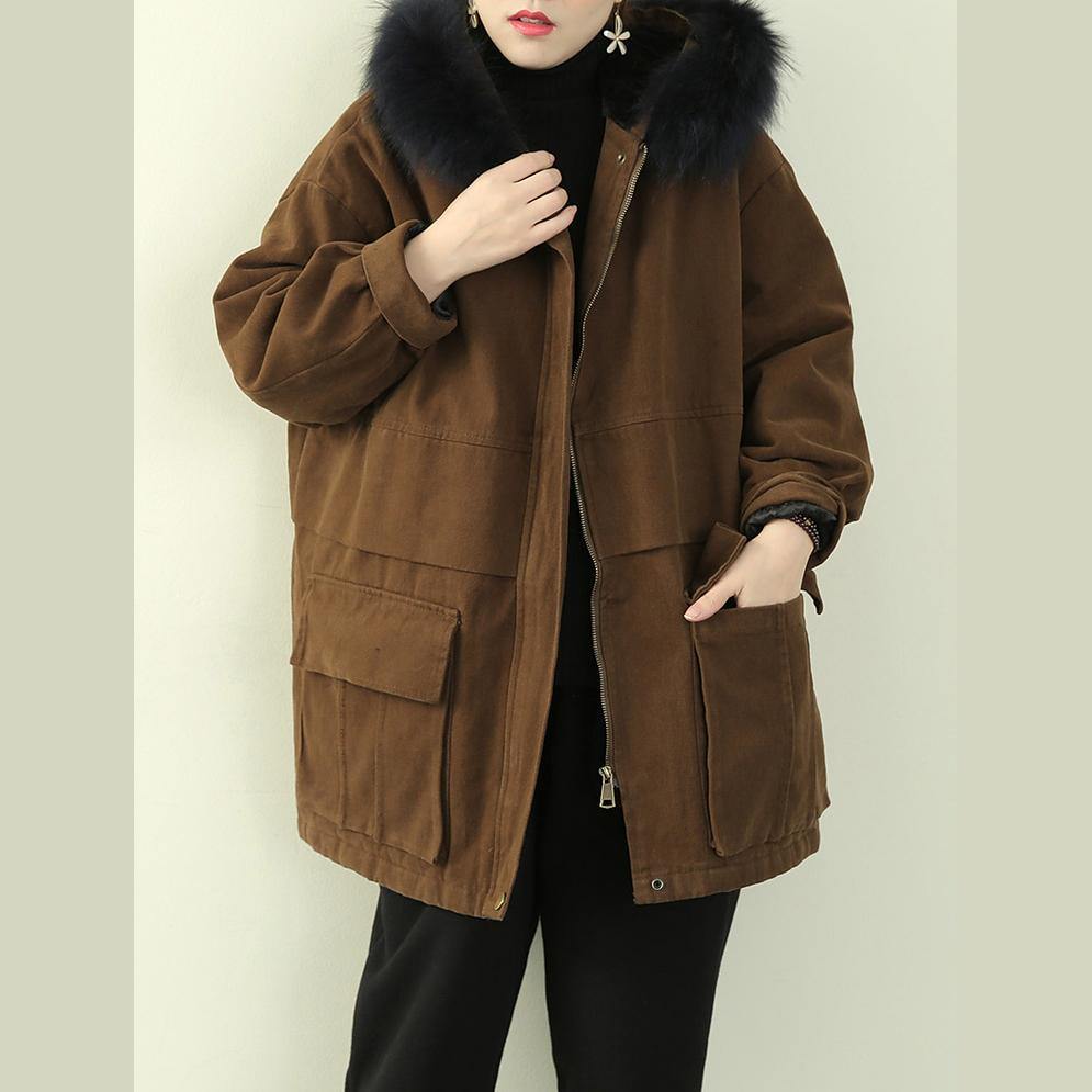 thick brown winter parkas casual snow jackets winter faux fur collar overcoat - SooLinen
