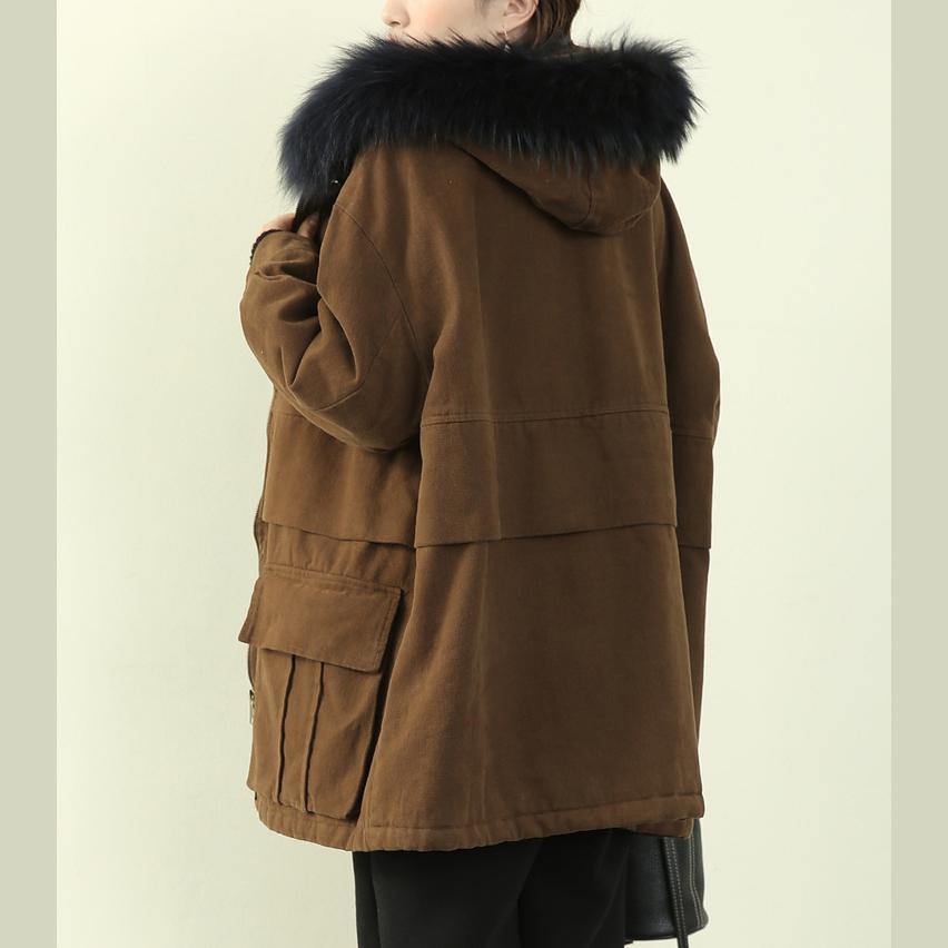 thick brown winter parkas casual snow jackets winter faux fur collar overcoat - SooLinen