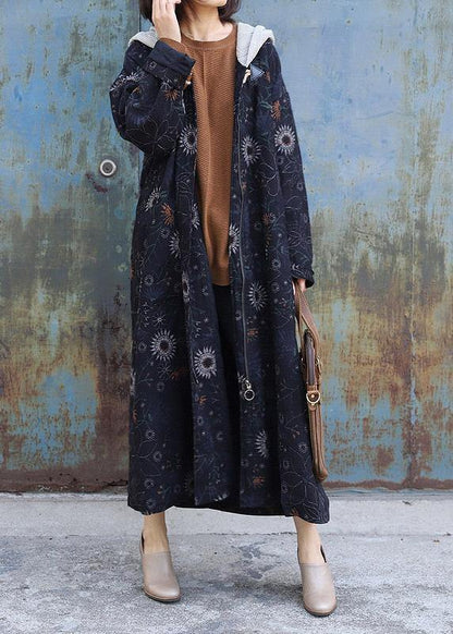 thick oversize Jackets & Coats patchwork hooded overcoat black printsthick casual outfit - SooLinen