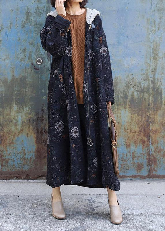 thick oversize Jackets & Coats patchwork hooded overcoat black printsthick casual outfit - SooLinen