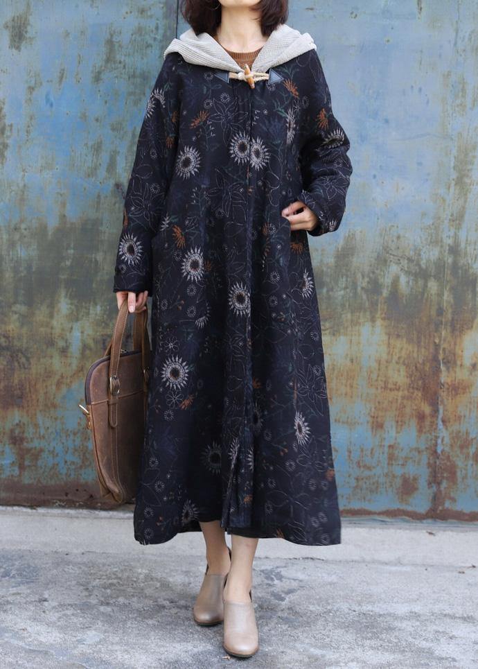 thick oversize Jackets & Coats patchwork hooded overcoat black printsthick casual outfit - SooLinen
