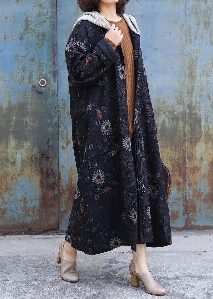 thick oversize Jackets & Coats patchwork hooded overcoat black printsthick casual outfit - SooLinen