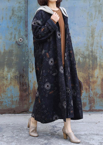 thick oversize Jackets & Coats patchwork hooded overcoat black printsthick casual outfit - SooLinen