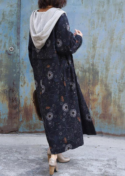 thick oversize Jackets & Coats patchwork hooded overcoat black printsthick casual outfit - SooLinen