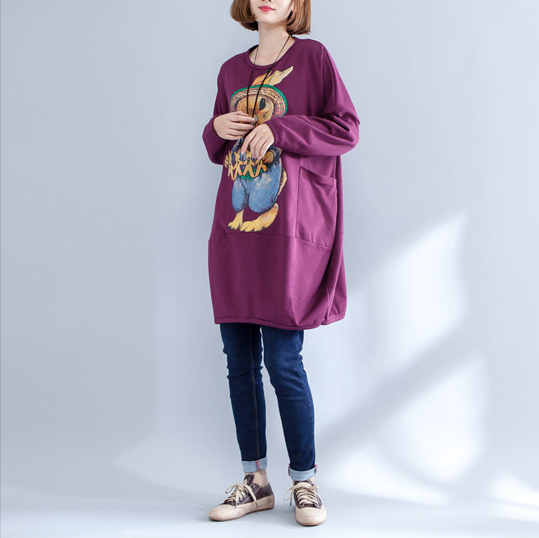 dickes, warmes Umstandskleid aus Baumwolle mit Burgunder-Print, Oversize-O-Ausschnitt, Freizeitkleid für Damen