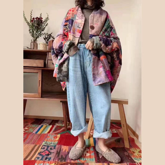 Oberbekleidung mit dicken Drucken, Übergrößen, Schneejacken, Patchwork-Mantel mit V-Ausschnitt