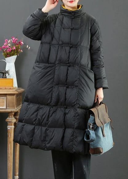 fine  Loose fitting long coat winter jacket black stand collar Chinese Button woolen outwear - SooLinen