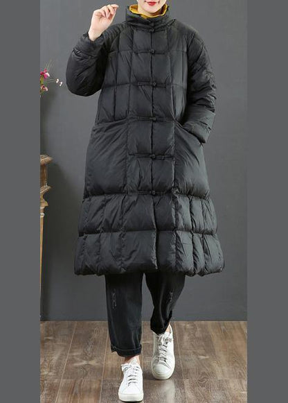 fine  Loose fitting long coat winter jacket black stand collar Chinese Button woolen outwear - SooLinen