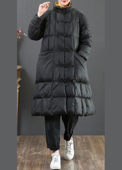 fine  Loose fitting long coat winter jacket black stand collar Chinese Button woolen outwear - SooLinen