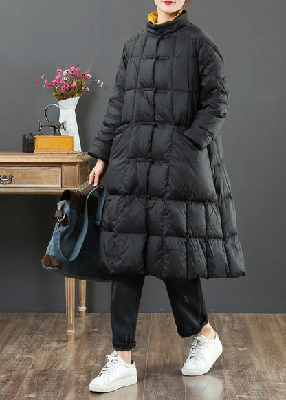 fine  Loose fitting long coat winter jacket black stand collar Chinese Button woolen outwear - SooLinen