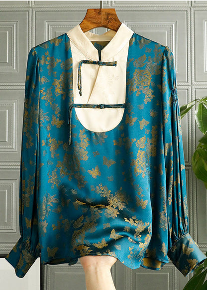 Feine Grüne Stehkragen taste druck Patchwork Seide Tops Frühling