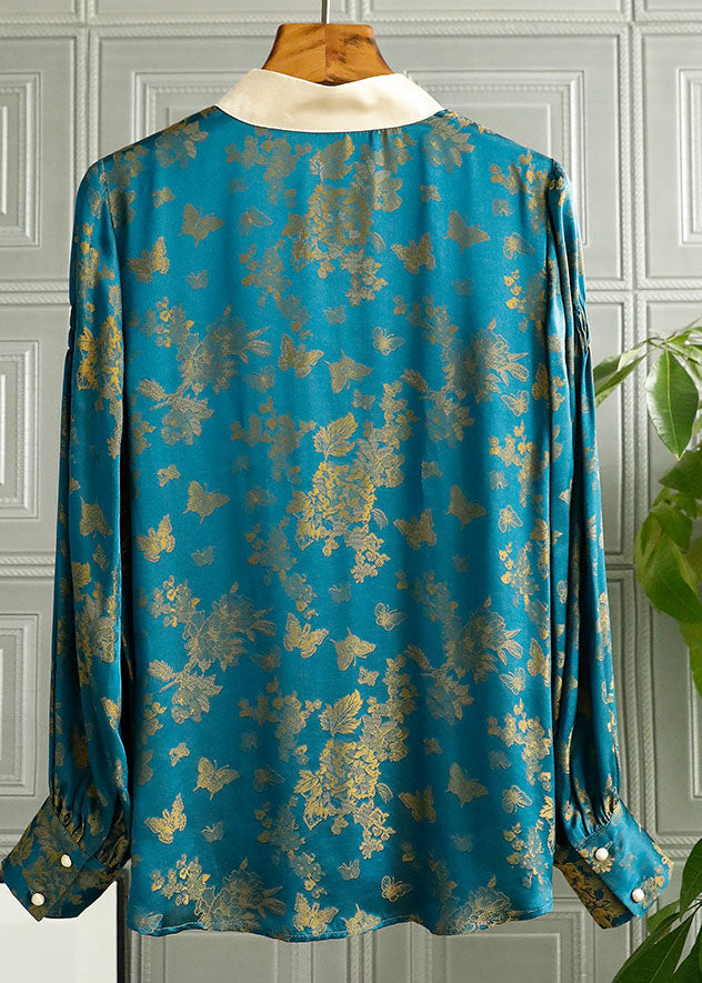 Feine Grüne Stehkragen taste druck Patchwork Seide Tops Frühling