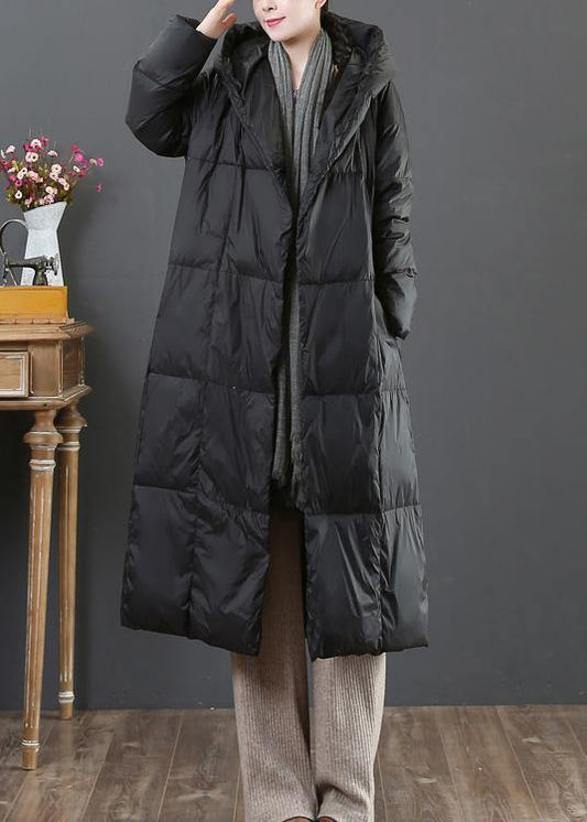 fine Loose fitting snow jackets winter outwear black hooded pockets goose Down coat - SooLinen