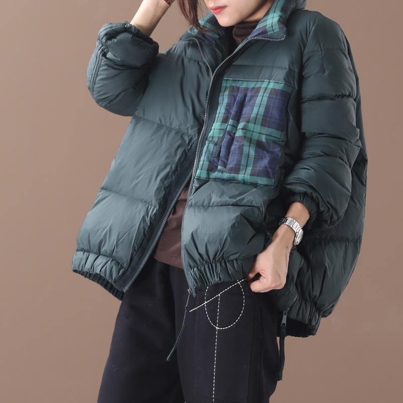 Loose fitting womens parka Jackets blackish green stand collar patchwork warm winter coat - SooLinen