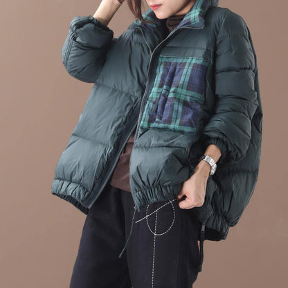 Loose fitting womens parka Jackets blackish green stand collar patchwork warm winter coat - SooLinen