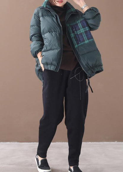 Loose fitting womens parka Jackets blackish green stand collar patchwork warm winter coat - SooLinen