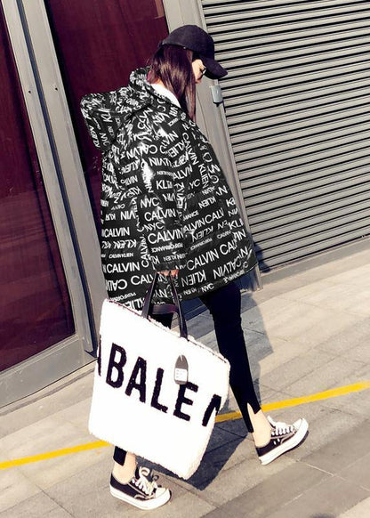 fine Loose fitting womens parka winter outwear black Letter hooded pockets goose Down coat - SooLinen