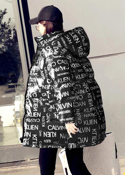 fine Loose fitting womens parka winter outwear black Letter hooded pockets goose Down coat - SooLinen