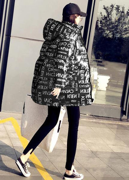fine Loose fitting womens parka winter outwear black Letter hooded pockets goose Down coat - SooLinen