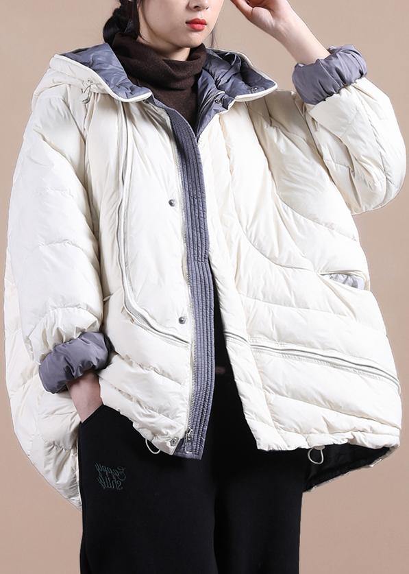 beige down jacket woman trendy plus size down jacket hooded pockets Casual overcoat - SooLinen