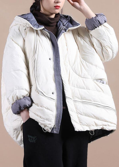 beige down jacket woman trendy plus size down jacket hooded pockets Casual overcoat - SooLinen