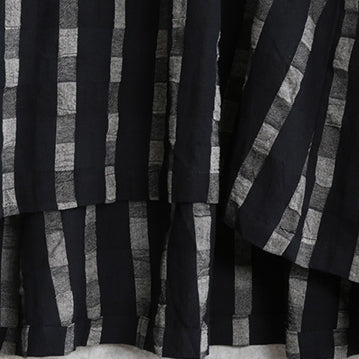 feines schwarzes kariertes Naturleinenkleid in Übergröße mit O-Ausschnitt, Patchwork-Leinen-Maxikleid 2018, Langarm-Taschenkleider
