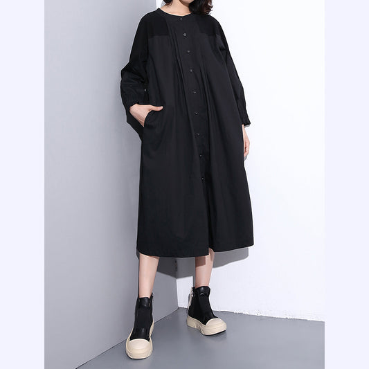 feine schwarze Mäntel plus Größe Stehkragen Taschen Patchwork Baggy Coat